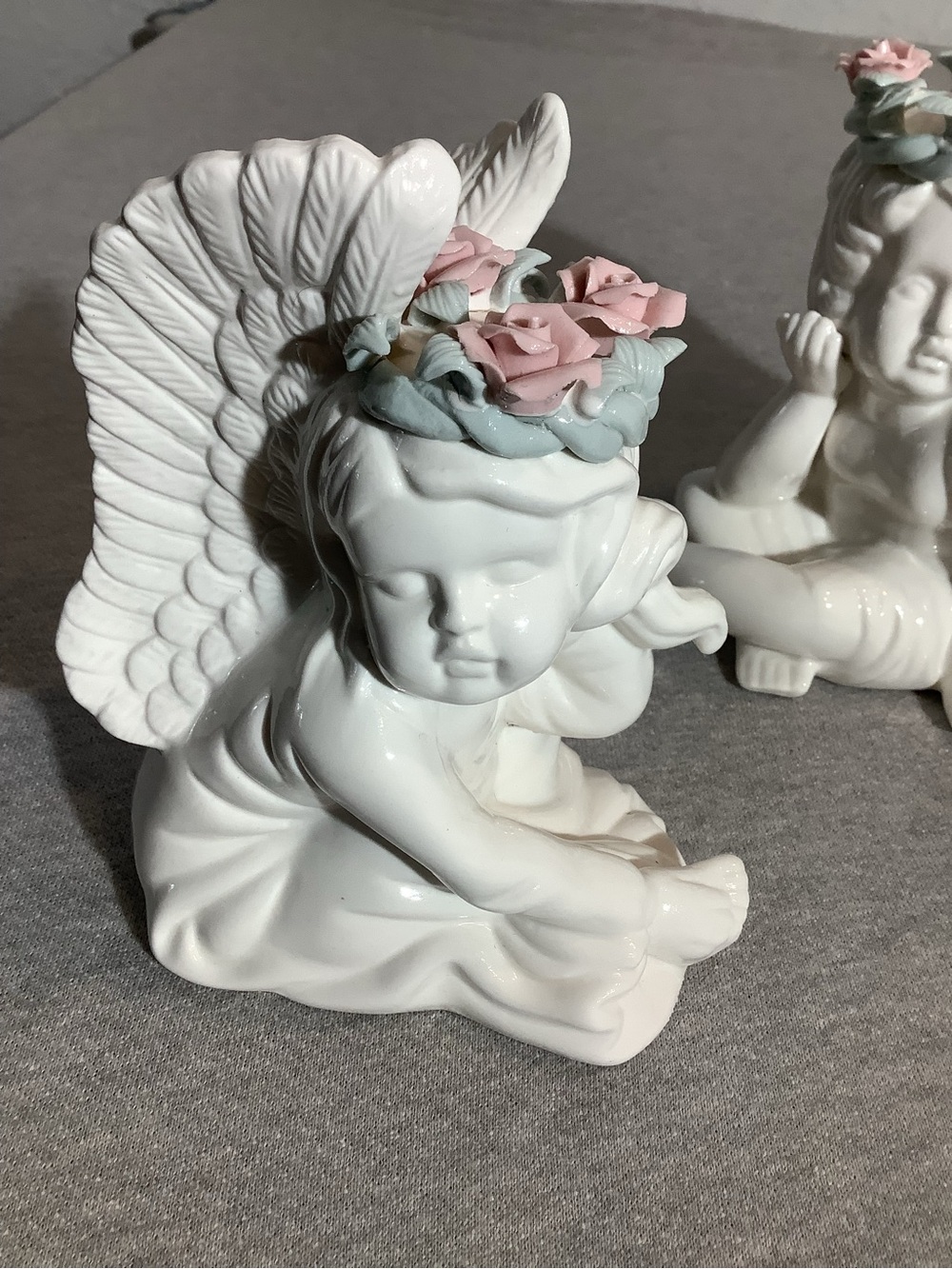 Vintage White Ceramic Cherub Angel Figurines with Pink Flower Crowns - Pair - Picture 4 of 6
